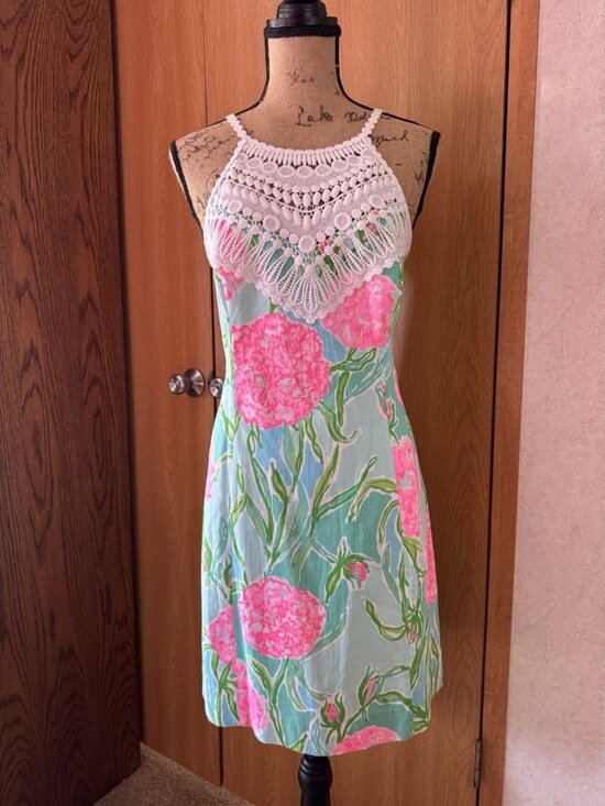 Lilly Pulitzer Dresses & Skirts - LILLY PULITZER SZ 10 Pearl Shift Floral Dress Poolside Halter Crochet VACATION